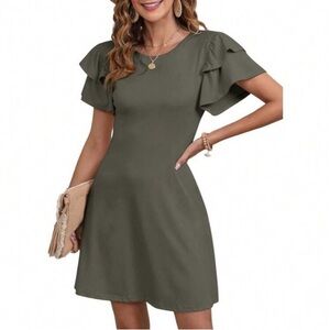 Chic Olive Ruffle Sleeve Mini Dress Woman dress flashiest round neck size XL